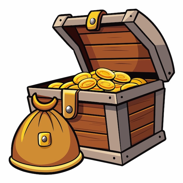 a wooden chest with a large gold bag and gold coins