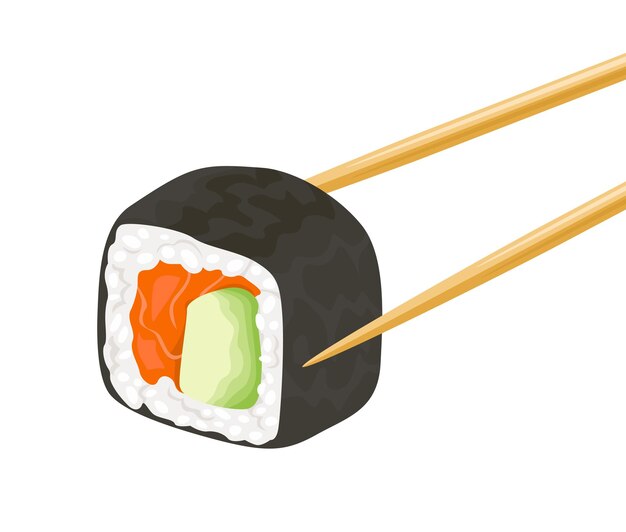 Vector wooden chopsticks hold sushi roll