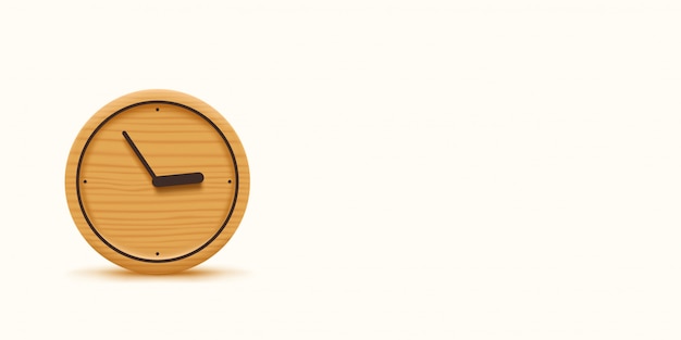 Wooden clock on wide white background