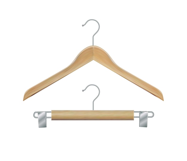 Vector wooden coat hanger clothes hanger realistic vector clothes coat wooden hanger close up isolated on b