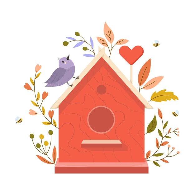 Wooden colorful birdhouse with small birds House for feathered animals