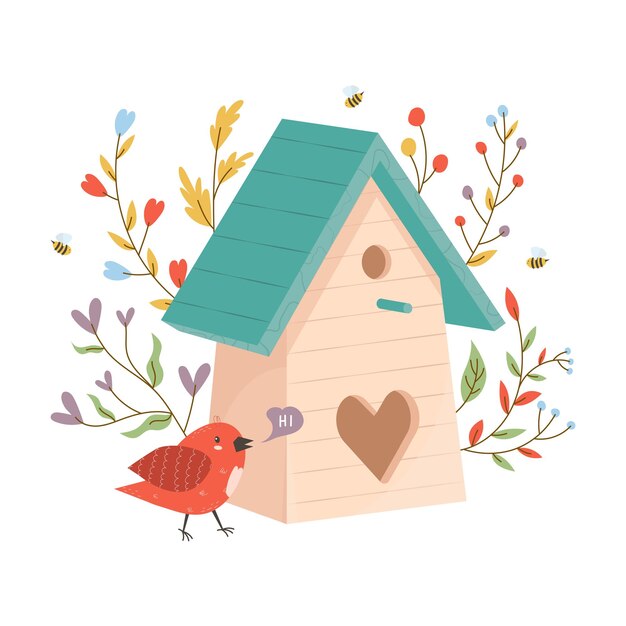 Vector wooden colorful birdhouse with small birds house for feathered animals