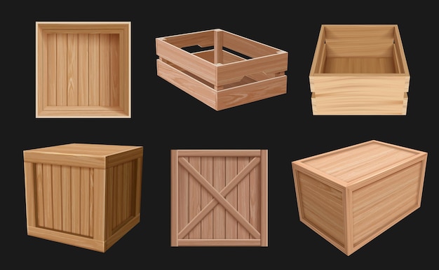 Wooden containers 3d boxes for fragile products empty packages various views cargo shipping wooden containers decent vector realistic pictures collection