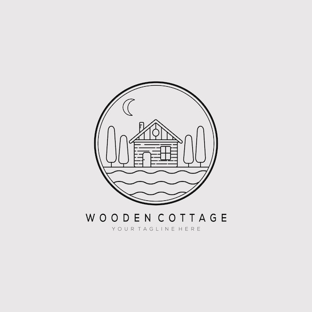 Wooden cottage line art logo vector illustration design