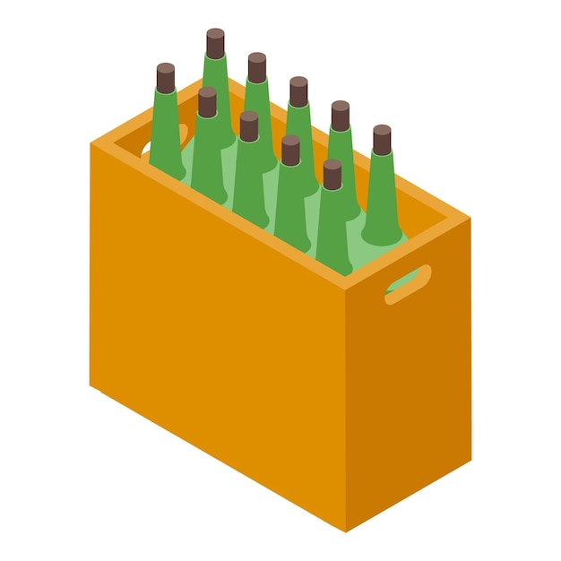 Wooden crate containing nine green glass bottles with corks isometric view