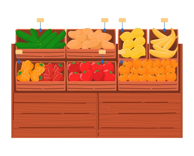 Vector wooden crates with fresh vegetables and fruits display market stall with tomatoes bananas oranges