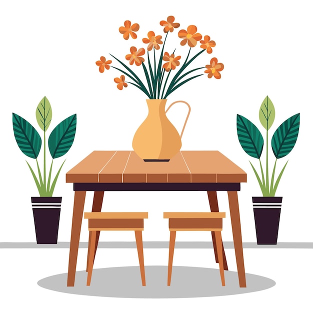 Vector wooden dining table with two chairs vase of flowers and two plants