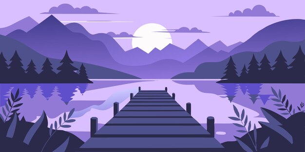 Vector the wooden dock reaches out into the lake providing a stunning backdrop of towering mountains