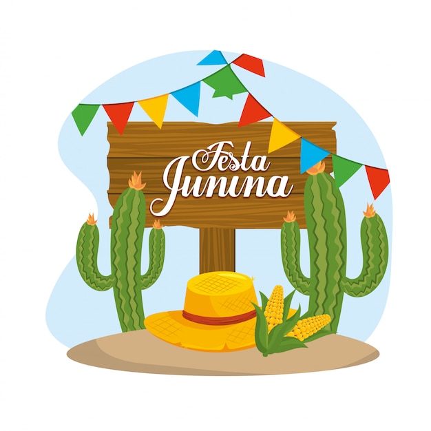 Wooden emblem with cactus plant and hat to festival