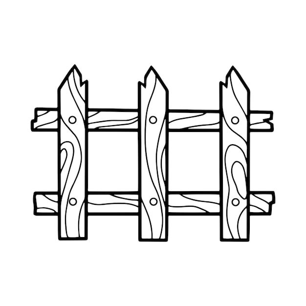 Wooden fence section monochrome vector illustration in cartoon style