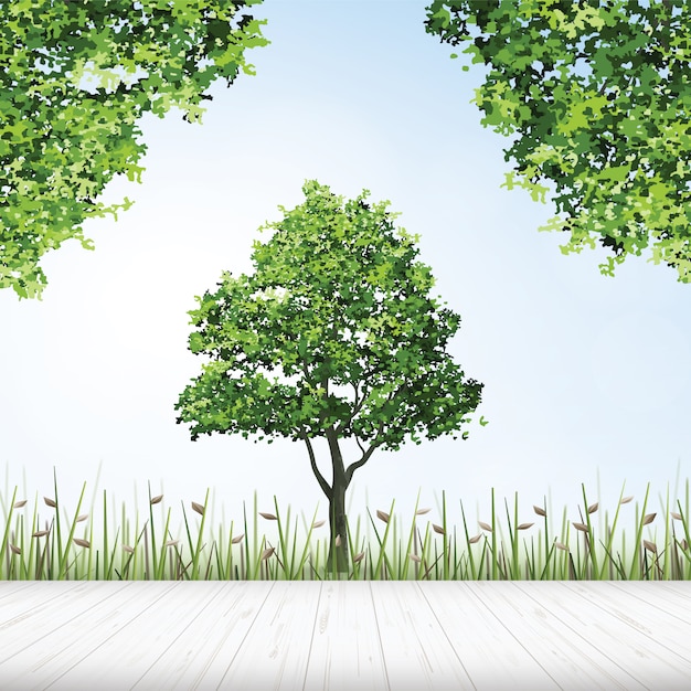 Vector wooden floor with framing of green tree.