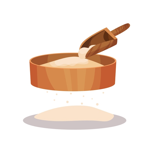 Wooden flour sifter and scoop baking Ingredient vector Illustration on a white background