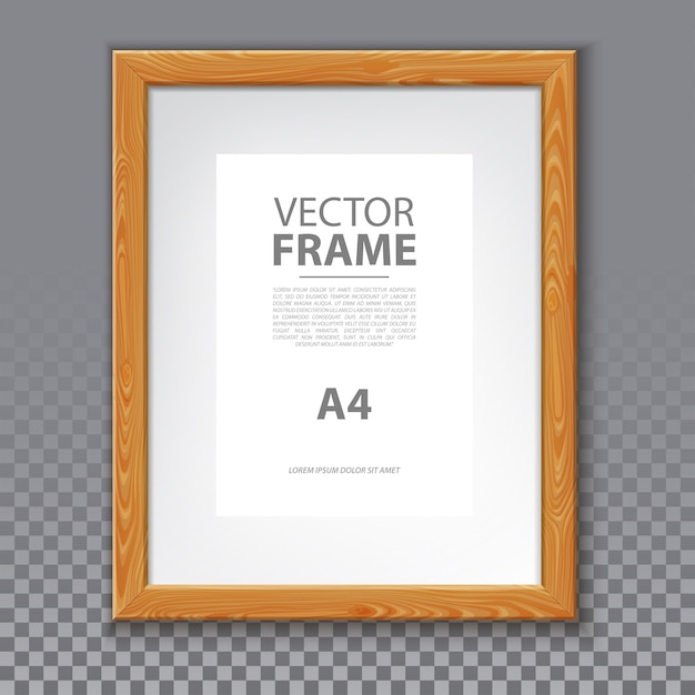 Wooden frame for photo or A4 message, picture on wall. Realistic box for art or 3d simple border for text. blank advertise frame with shadow. Box for info and photography, exhibition poster