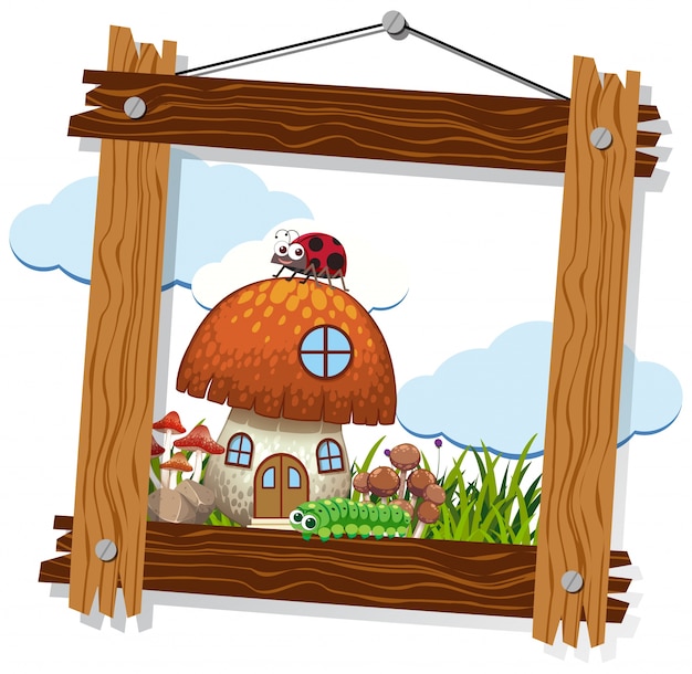 Wooden frame with mushroom house and insects