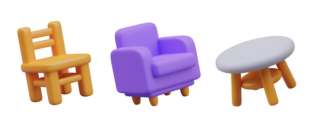 Wooden fullback chair soft purple armchair round stool Isolated vector furniture for sitting