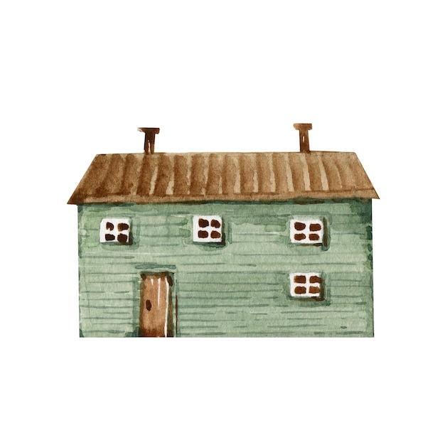 wooden green house cartoon style, watercolor illustration.