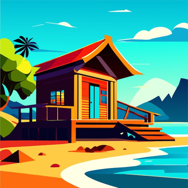 Vector wooden house on the beach vector illustration