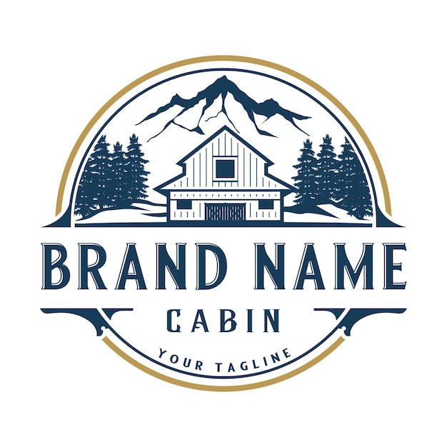 wooden house emblem logo design. vintage wooden house, mountains and pine forest