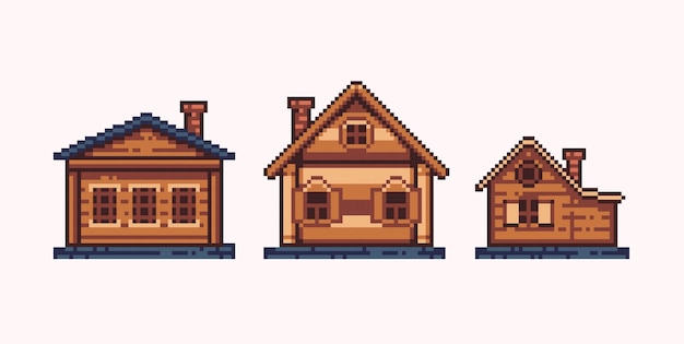 Wooden house pixel art set. Cozy log cabin collection. 8 bit sprite.