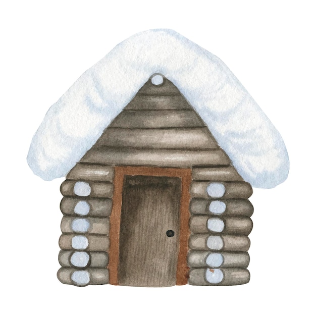 Wooden house in the snow watercolor illustration.