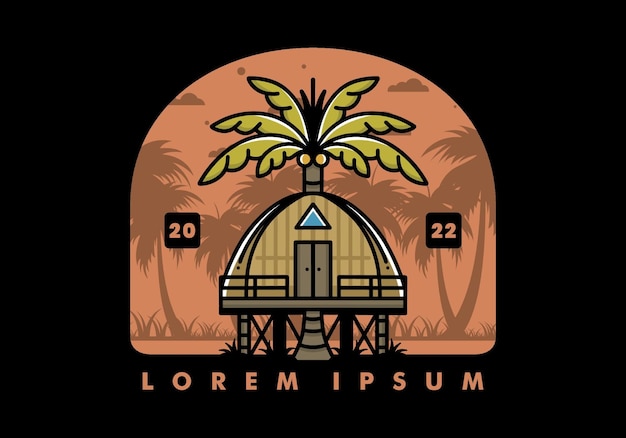 Wooden house with big coconut tree badge design