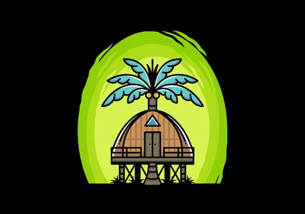 Wooden house with big coconut tree badge design