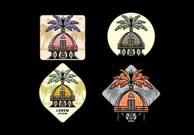 Wooden house with big coconut tree badge design