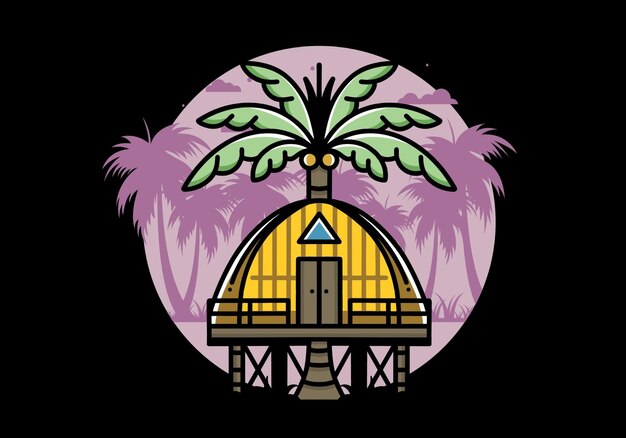 Wooden house with big coconut tree badge design