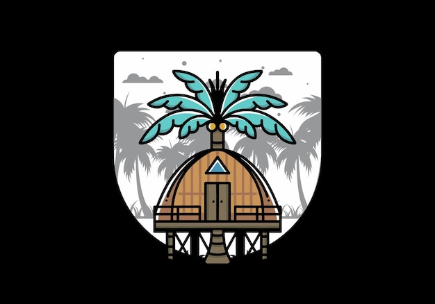 Wooden house with big coconut tree badge design