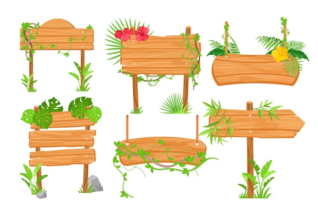 Wooden jungle signposts flat illustrations set. Road pointers wood planks and tropical plants