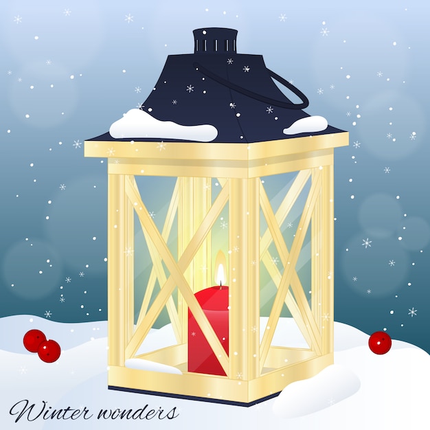 Vector wooden lantern with candle on snow