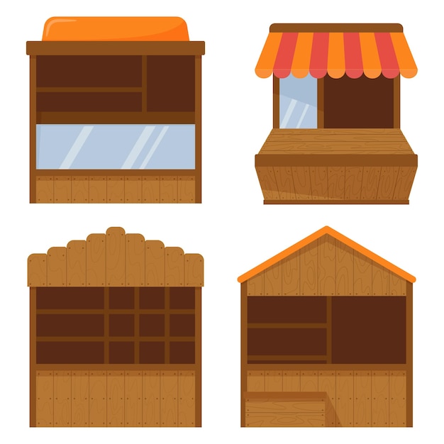 Wooden market stall, fair booth. empty kiosk Wooden counter for street trading, outdoor retail. vendor stall. vector