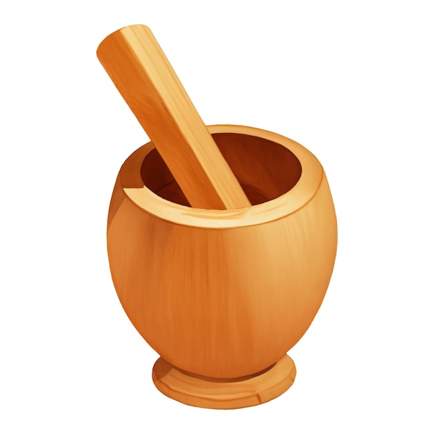 Wooden Mortar and Pestle Isolated Hand Drawn Painting Illustration