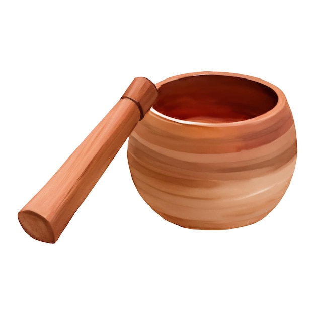 Wooden Mortar and Pestle Isolated Hand Drawn Painting Illustration