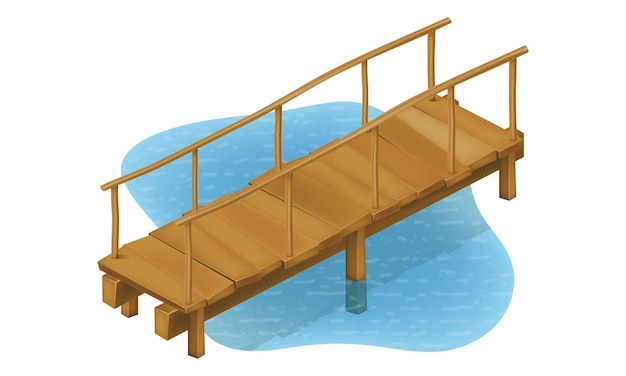 Wooden old bridge to cross a river or pond vector illustration