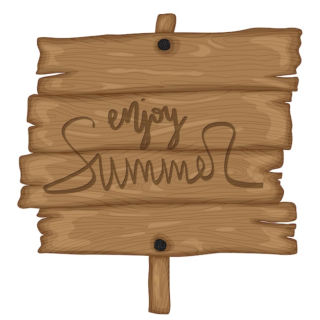 Vector wooden old sign in retro cartoon style isolated on white background. enjoy summer.