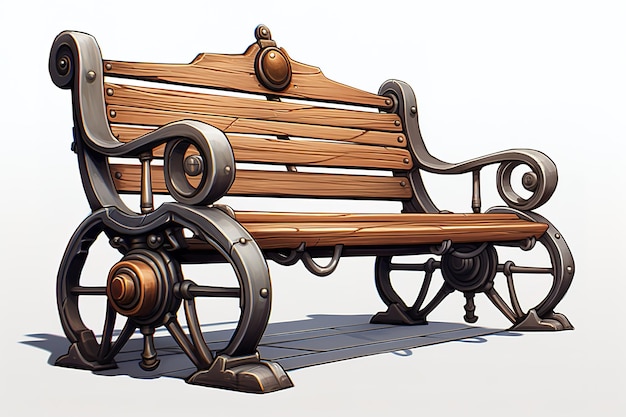 wooden park bench 3D render with clipping path and shadow over white