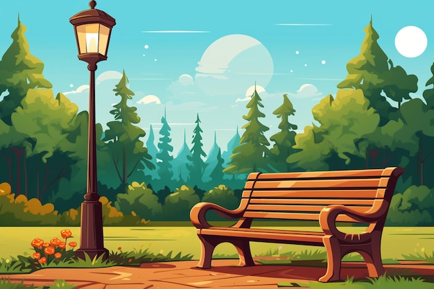 Wooden Park Bench and Lamppost