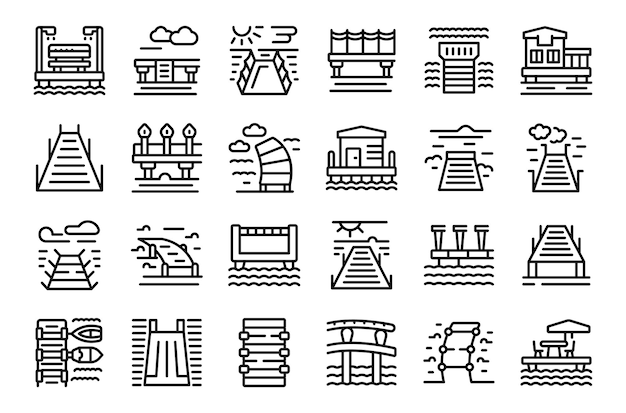 Wooden pier icons set outline vector River water barrel