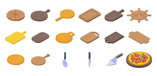 Wooden pizza board icons set isometric vector. Wood shield