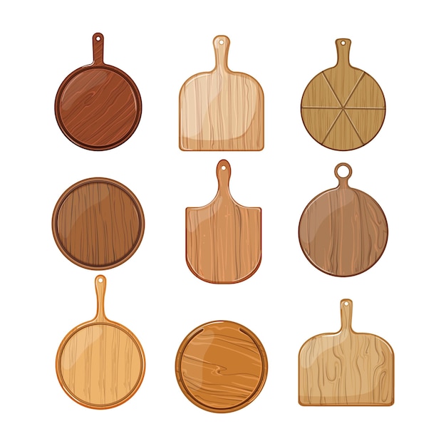 Wooden pizza board set cartoon vector illustration