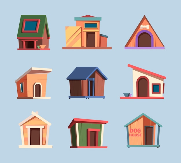 Wooden place for dogs Domestic puppy house living box for relaxing pets garish vector colorful cartoon pictures isolated