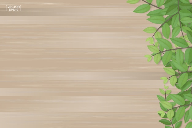 Wooden planks texture and green leaves. Realistic