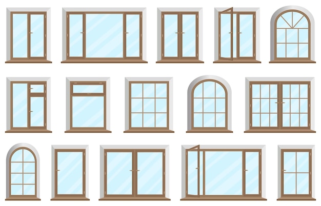 Wooden and plastic windowsSet of windows and frames for home or office with transparent glass