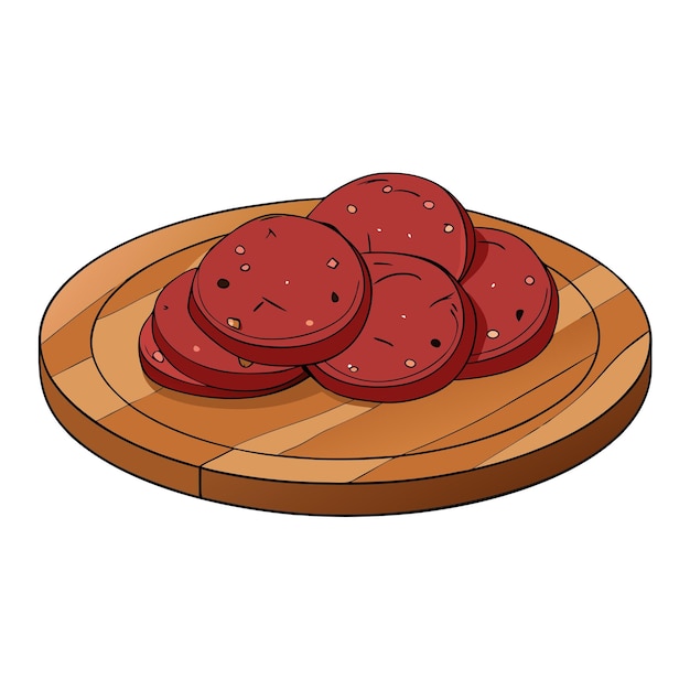 Vector a wooden plate with slices of pastrami dried beef meat seasoned with herbs is displayed on a woode