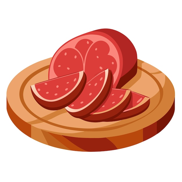 Vector a wooden plate with slices of pastrami dried beef meat seasoned with herbs is displayed on a