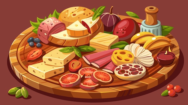 Vector a wooden platter with a variety of meats and cheeses