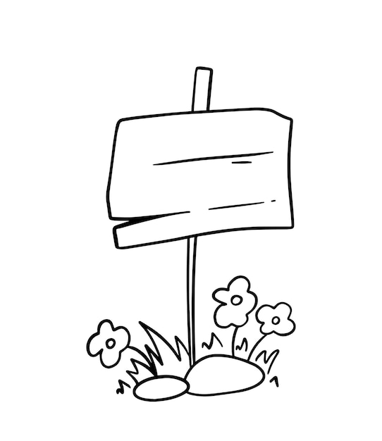 Wooden pointer on a stick signboard information with stones grass and flowers doodle linear cartoon coloring book