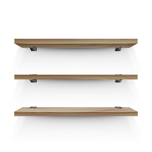 Wooden shelf mockup Three empty shelves template Realistic bookshelf design