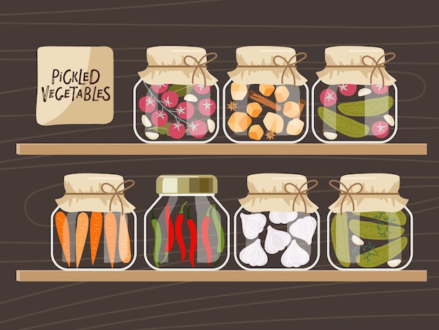 Wooden shelf with Canned food. Pickled vegetables in glass jars hand drawn doodle isolated